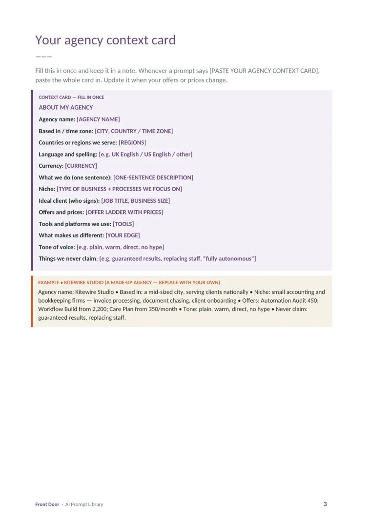 Prompt Library page: the agency context card you fill in once