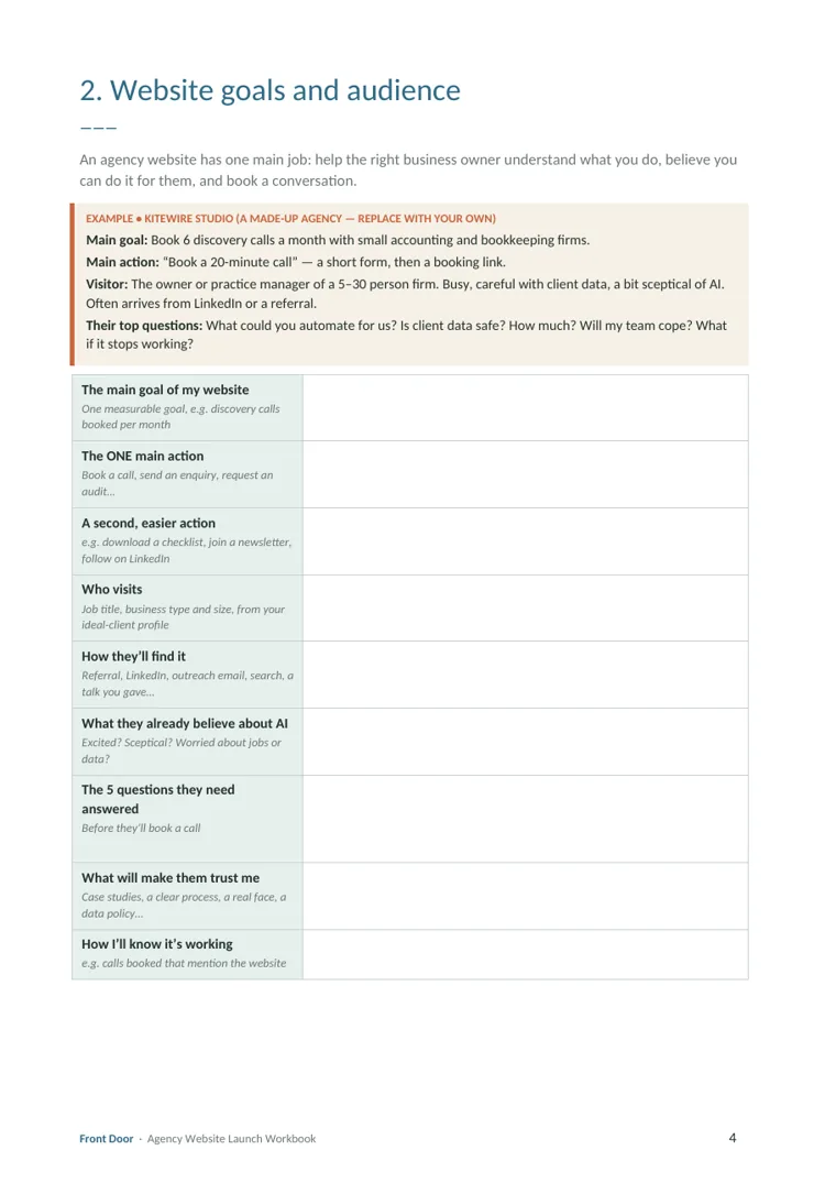 Workbook page: website goals and audience, with prompts for the main goal and the one action visitors should take