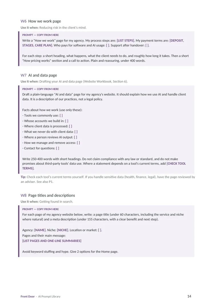 Prompt Library page: website prompts for drafting home, services and about pages