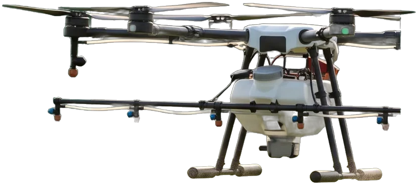 An agricultural spray drone with its arms spread wide