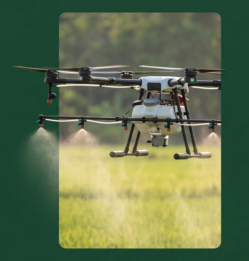 An agricultural spray drone in flight, misting a green field